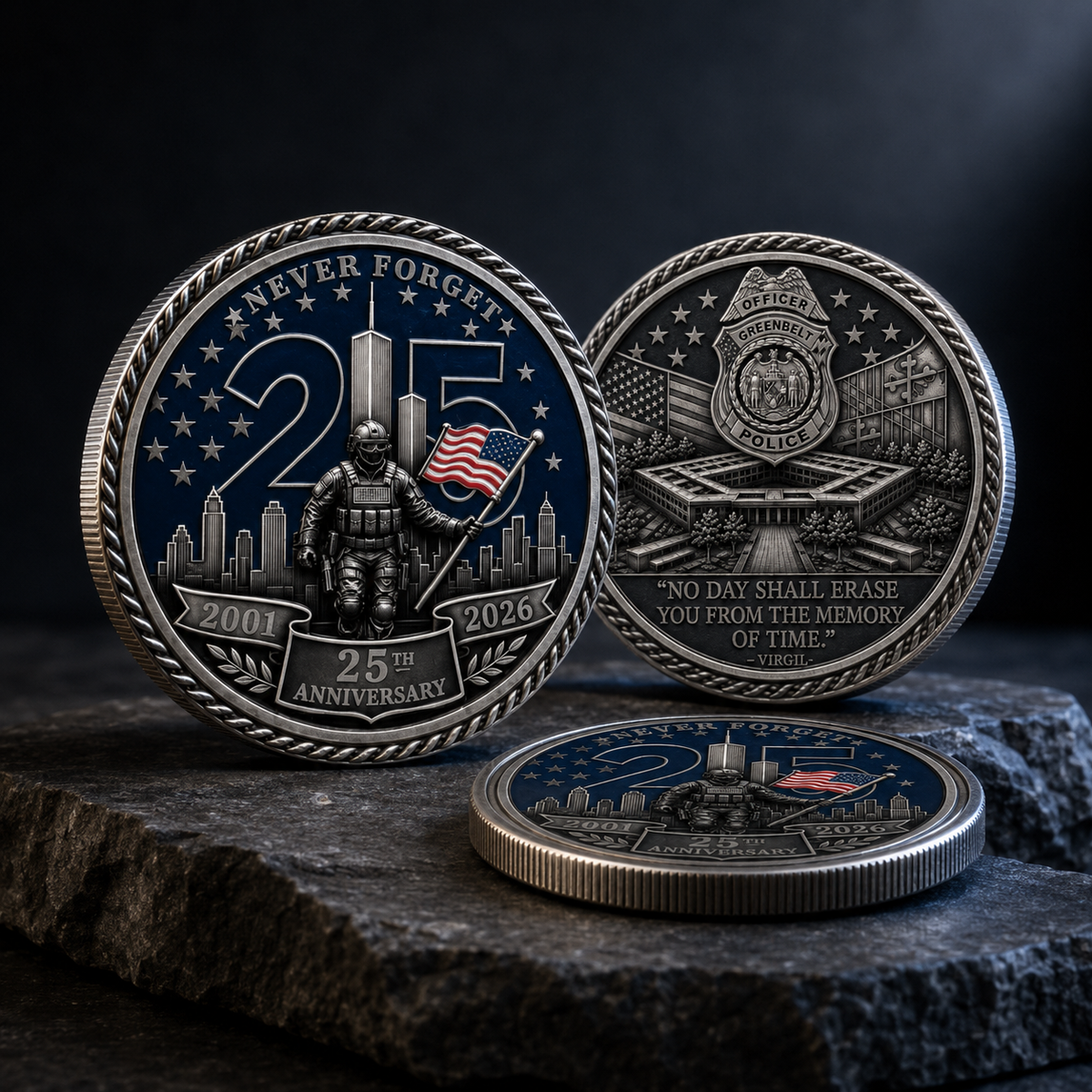The "No Day Shall Erase" 25th Anniversary Officer Memorial Challenge Coin