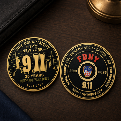 FDNY 9.11 25TH Anniversary Round Challenge Coin (Red FDNY)