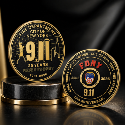 FDNY 9.11 25TH Anniversary Round Challenge Coin (Red FDNY)