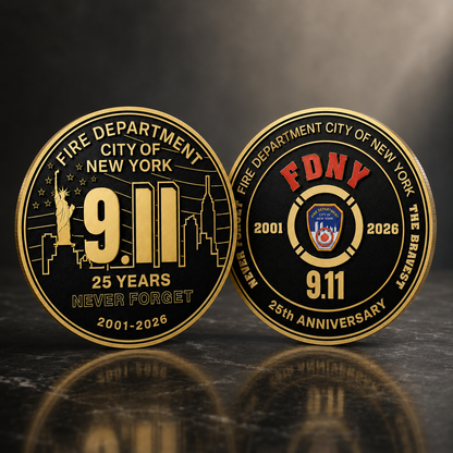 FDNY 9.11 25TH Anniversary Round Challenge Coin (Red FDNY)